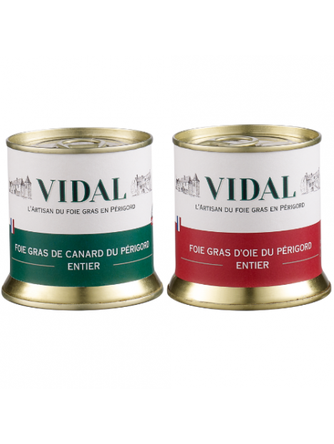 Lot de 2 foies gras : 1 Foie gras d'oie entier 130gr et 1 Foie gras de canard entier 130gr