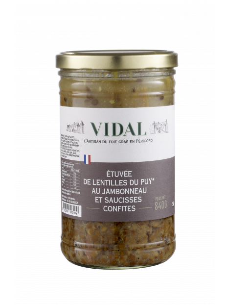 Etuvée de lentilles du Puy au jambonneau et saucisses confites